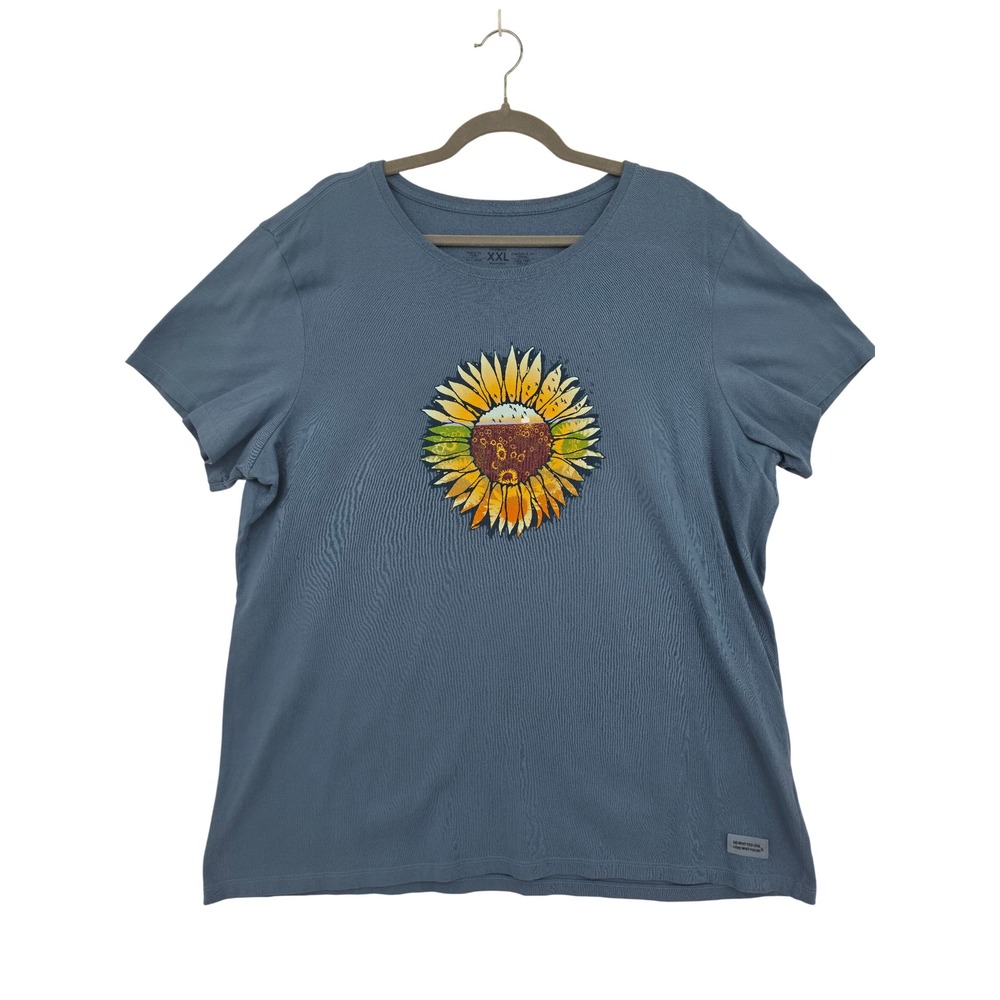 Life is Good Crusher T-Shirt Womens XXL Blue Sunflower Graphic Cotton Tee Casual